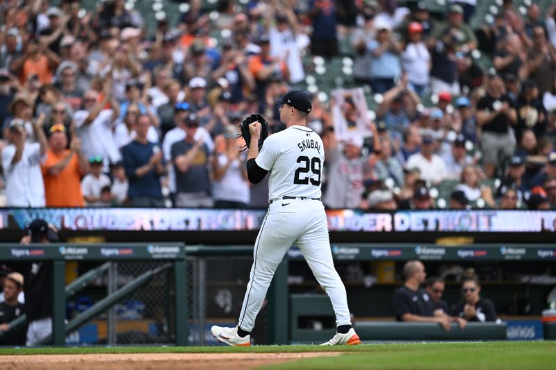 Jun 9, 2024; Detroit, Michigan, USA;  Detroit Tigers pitcher Tarik Skubal (29) acknowledges the fans as he walks off the field after being pulled from the game against the Milwaukee Brewers in the seventh inning at Comerica Park. Mandatory Credit: Lon Horwedel-USA TODAY Sports