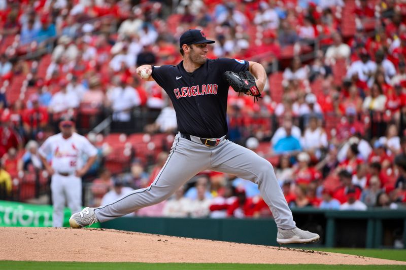 Sep 22, 2024; St. Louis, Missouri, USA; Cleveland Guardians starting pitcher Gavin Williams (32) pitches against the St. Louis Cardinals during the first inning at Busch Stadium. Mandatory Credit: Jeff Curry-Imagn Images
