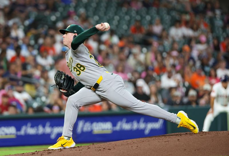 May 27, 2025; Houston, Texas, USA;Athletics starting pitcher JP Sears (38) pitches against the Houston Astros in the first inning  at Daikin Park. Mandatory Credit: Thomas Shea-Imagn Images