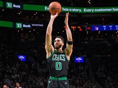 BOSTON, MA - DECEMBER 1: Jayson Tatum #0 of the Boston Celtics shoots a free throw during the game against the Philadelphia 76ers on December 1, 2023 at the TD Garden in Boston, Massachusetts. NOTE TO USER: User expressly acknowledges and agrees that, by downloading and or using this photograph, User is consenting to the terms and conditions of the Getty Images License Agreement. Mandatory Copyright Notice: Copyright 2023 NBAE  (Photo by Brian Babineau/NBAE via Getty Images)