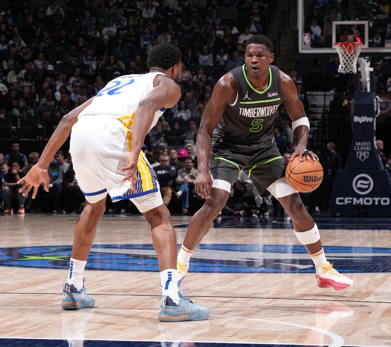 MINNEAPOLIS, MN -  MARCH 24: Anthony Edwards #5 of the Minnesota Timberwolves dribbles the ball during the game against the Golden State Warriors on March 24, 2024 at Target Center in Minneapolis, Minnesota. NOTE TO USER: User expressly acknowledges and agrees that, by downloading and or using this Photograph, user is consenting to the terms and conditions of the Getty Images License Agreement. Mandatory Copyright Notice: Copyright 2024 NBAE (Photo by Jordan Johnson/NBAE via Getty Images)