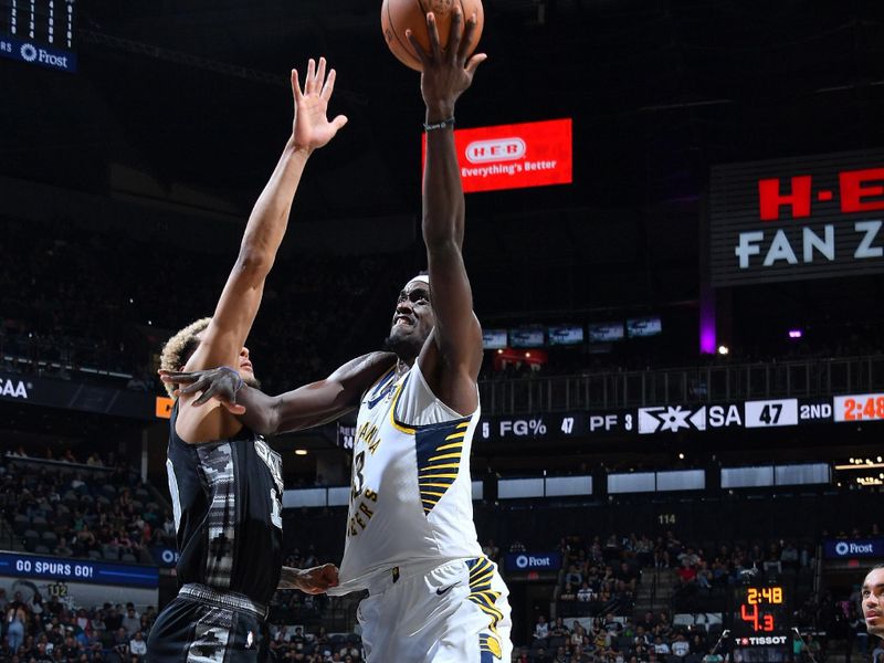 SAN ANTONIO, TX - MARCH 3: Pascal Siakam #43 of the Indiana Pacers drives to the basket during the game against the San Antonio Spurs on March 3, 2024 at the Frost Bank Center in San Antonio, Texas. NOTE TO USER: User expressly acknowledges and agrees that, by downloading and or using this photograph, user is consenting to the terms and conditions of the Getty Images License Agreement. Mandatory Copyright Notice: Copyright 2024 NBAE (Photos by Michael Gonzales/NBAE via Getty Images)