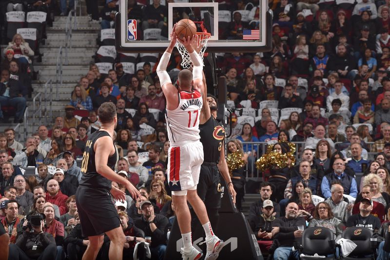 CLEVELAND, OH - NOVEMBER 03: Jonas Valanciunas #17 of the Washington Wizards shoots the ball during the game against the Cleveland Cavaliers during the Emirates NBA Cup game on November 03, 2024 at Rocket Mortgage FieldHouse in Cleveland, Ohio. NOTE TO USER: User expressly acknowledges and agrees that, by downloading and/or using this Photograph, user is consenting to the terms and conditions of the Getty Images License Agreement. Mandatory Copyright Notice: Copyright 2024 NBAE (Photo by David Liam Kyle/NBAE via Getty Images)