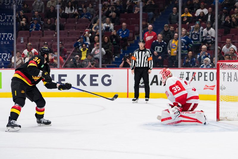 Feb 13, 2023; Vancouver, British Columbia, CAN; Detroit Red Wings goalie Ville Husso (35) makes a save on a penalty shot taken by Vancouver Canucks forward Phillip Di Giuseppe (34) in the third period at Rogers Arena. Red Wings won 6-1. Mandatory Credit: Bob Frid-USA TODAY Sports