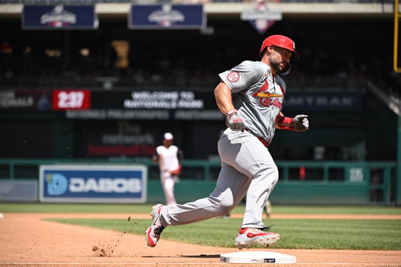 Jul 7, 2024; Washington, District of Columbia, USA; St. Louis Cardinals first baseman Paul Goldschmidt (46) rounds third base on his way to score a run against the Washington Nationals during the fourth inning at Nationals Park. Mandatory Credit: Rafael Suanes-USA TODAY Sports