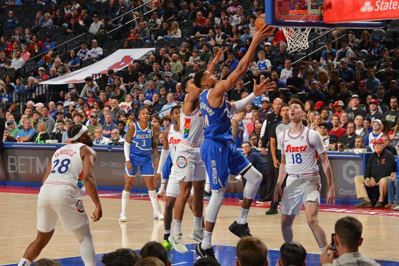 PHILADELPHIA, PA - APRIL 3: Giannis Antetokounmpo #34 of the Milwaukee Bucks drives to the basket during the game against the Philadelphia 76ers on April 3, 2025 at the Wells Fargo Center in Philadelphia, Pennsylvania NOTE TO USER: User expressly acknowledges and agrees that, by downloading and/or using this Photograph, user is consenting to the terms and conditions of the Getty Images License Agreement. Mandatory Copyright Notice: Copyright 2025 NBAE (Photo by Jesse D. Garrabrant/NBAE via Getty Images)