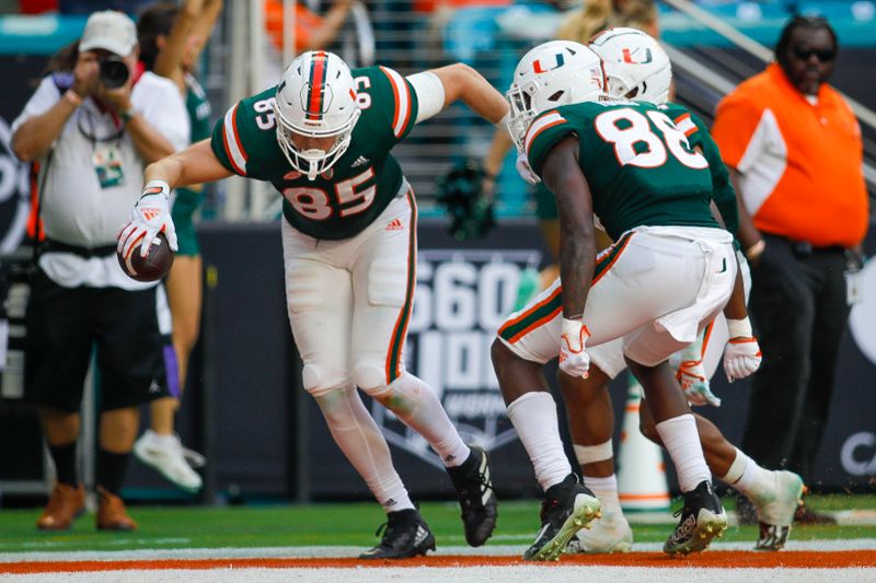 Oct 22, 2022; Miami Gardens, Florida, USA; Miami Hurricanes tight end Will Mallory (85) scores a touchdown during the third quarter against the Duke Blue Devils at Hard Rock Stadium. Mandatory Credit: Sam Navarro-USA TODAY Sports