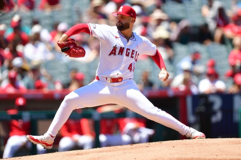 May 12, 2024; Anaheim, California, USA; Los Angeles Angels pitcher Patrick Sandoval (43) throws against the Kansas City Royals during the second inning at Angel Stadium. Mandatory Credit: Gary A. Vasquez-USA TODAY Sports