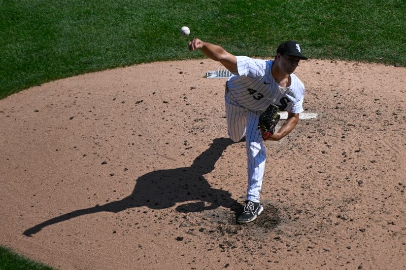 Aug 29, 2024; Chicago, Illinois, USA;  Chicago White Sox pitcher Nick Nastrini (43) delivers against the Texas Rangers during the sixth inning at Guaranteed Rate Field. Mandatory Credit: Matt Marton-USA TODAY Sports