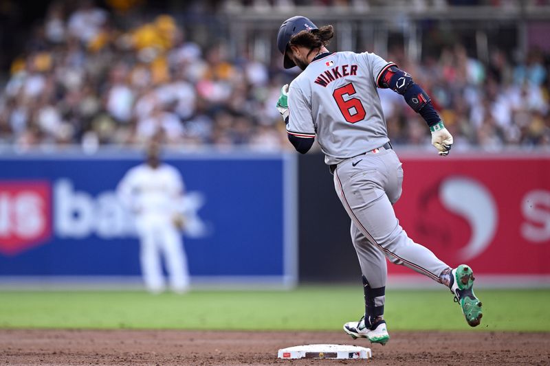 Jun 25, 2024; San Diego, California, USA; Washington Nationals left fielder Jesse Winker (6) rounds the bases after hitting a two-run home run against the San Diego Padres during the third inning at Petco Park. Mandatory Credit: Orlando Ramirez-USA TODAY Sports