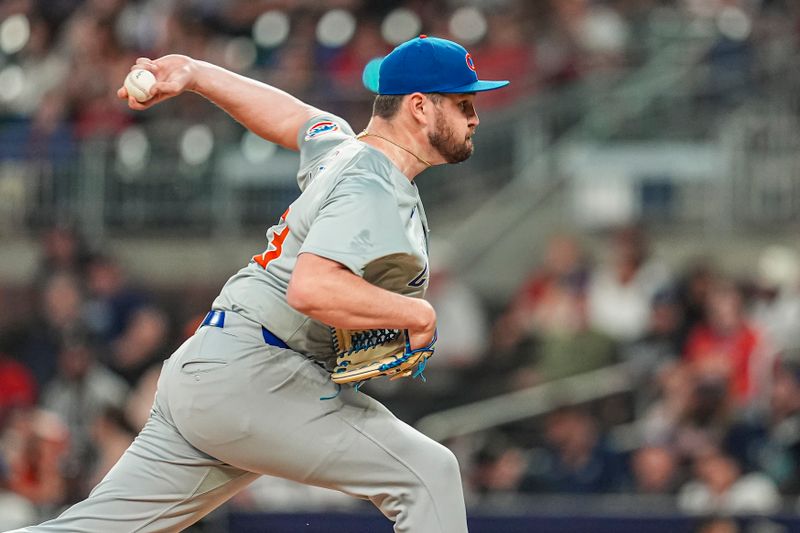 May 15, 2024; Cumberland, Georgia, USA; Chicago Cubs pitcher Luke Little (43) pitches against the Atlanta Braves during the ninth inning at Truist Park. Mandatory Credit: Dale Zanine-USA TODAY Sports