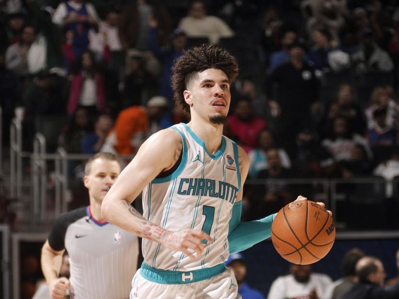 DETROIT, MI - JANUARY 24: LaMelo Ball #1 of the Charlotte Hornets dribbles the ball during the game against the Detroit Pistons on January 24, 2024 at Little Caesars Arena in Detroit, Michigan. NOTE TO USER: User expressly acknowledges and agrees that, by downloading and/or using this photograph, User is consenting to the terms and conditions of the Getty Images License Agreement. Mandatory Copyright Notice: Copyright 2024 NBAE (Photo by Brian Sevald/NBAE via Getty Images)