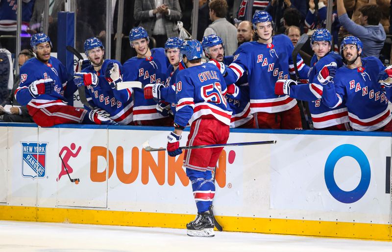 Nov 25, 2024; New York, New York, USA; New York Rangers left wing Will Cuylle (50) celebrates his second goal of the gamer during the second period against the St. Louis Blues at Madison Square Garden. Mandatory Credit: Danny Wild-Imagn Images