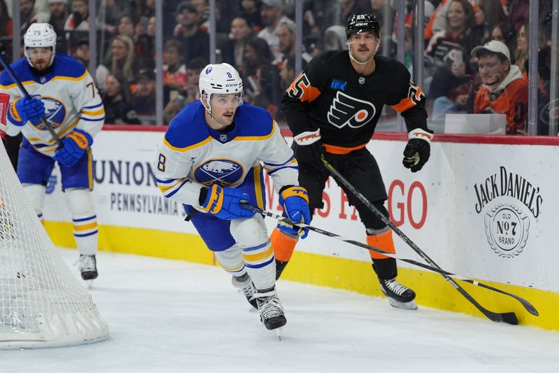 Nov 16, 2024; Philadelphia, Pennsylvania, USA; Buffalo Sabres defenseman Dennis Gilbert (8) in action against the Philadelphia Flyers in the first period at Wells Fargo Center. Mandatory Credit: Kyle Ross-Imagn Images