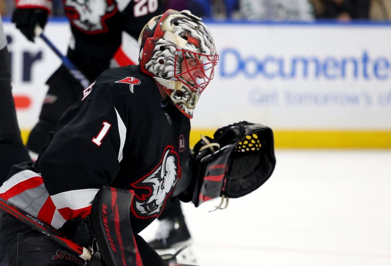 Feb 6, 2024; Buffalo, New York, USA;  Buffalo Sabres goaltender Ukko-Pekka Luukkonen (1) looks for the puck during the third period against the Dallas Stars at KeyBank Center. Mandatory Credit: Timothy T. Ludwig-USA TODAY Sports