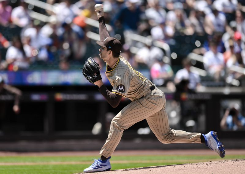 Jun 16, 2024; New York City, New York, USA; San Diego Padres pitcher Dylan Cease (84) pitches against the New York Mets during the first inning at Citi Field. Mandatory Credit: John Jones-USA TODAY Sports