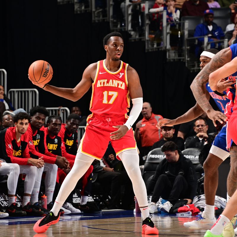 DETROIT, MI - NOVEMBER 8: Onyeka Okongwu #17 of the Atlanta Hawks looks to pass the ball during the game against the Detroit Pistons on November  8, 2024 at Little Caesars Arena in Detroit, Michigan. NOTE TO USER: User expressly acknowledges and agrees that, by downloading and/or using this photograph, User is consenting to the terms and conditions of the Getty Images License Agreement. Mandatory Copyright Notice: Copyright 2024 NBAE (Photo by Chris Schwegler/NBAE via Getty Images)