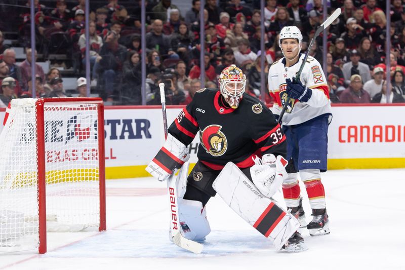 Oct 10, 2024; Ottawa, Ontario, CAN; Ottawa Senators goalie Linus Ullmark (35) and Florida Panthers left wing Matthew Tkschuk (19) follow the puck in the second period at the Canadian Tire Centre. Mandatory Credit: Marc DesRosiers-Imagn Images