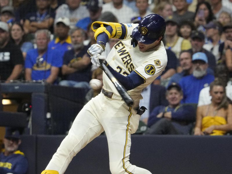 Sep 18, 2025; Milwaukee, Wisconsin, USA; Milwaukee Brewers outfielder Christian Yelich (22) at bat in the sixth inning against the Los Angeles Angels at American Family Field. Mandatory Credit: Michael McLoone-Imagn Images