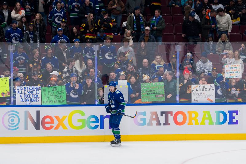 Jan 18, 2024; Vancouver, British Columbia, CAN; Vancouver Canucks defenseman Quinn Hughes (43) skates during warm up prior to a game against the Arizona Coyotes at Rogers Arena.  Mandatory Credit: Bob Frid-USA TODAY Sports