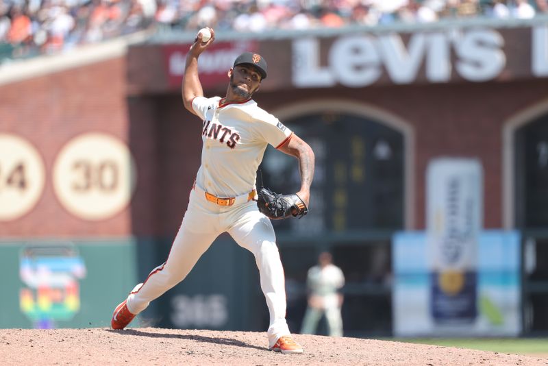 Jun 5, 2025; San Francisco, California, USA; San Francisco Giants relief pitcher Camilo Doval (75) pitches the ball against the San Diego Padres during the ninth inning at Oracle Park. Mandatory Credit: Kelley L Cox-Imagn Images