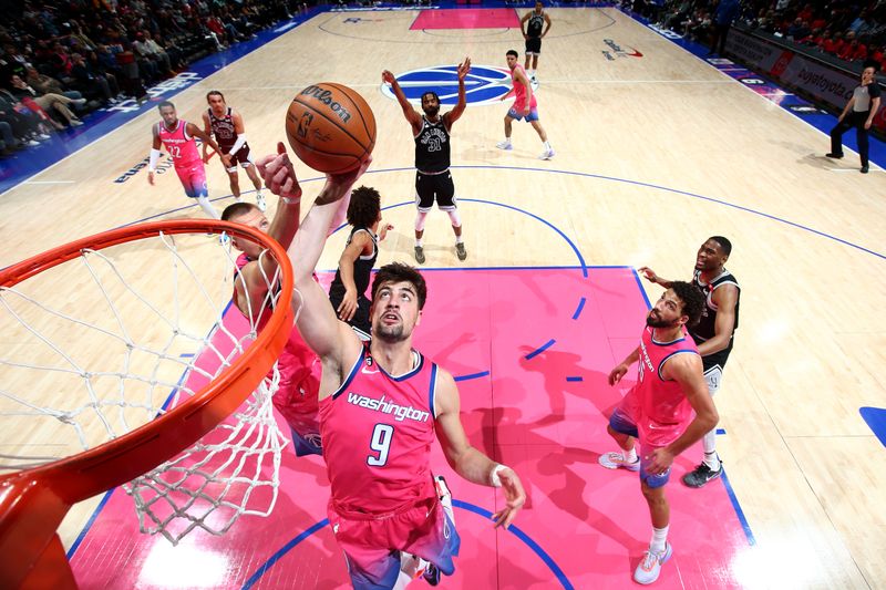 WASHINGTON, DC -? MARCH 24: Deni Avdija #9 of the Washington Wizards goes up for the rebound/ against the San Antonio Spurs on March 24, 2023 at Capital One Arena in Washington, DC. NOTE TO USER: User expressly acknowledges and agrees that, by downloading and or using this Photograph, user is consenting to the terms and conditions of the Getty Images License Agreement. Mandatory Copyright Notice: Copyright 2023 NBAE (Photo by Stephen Gosling/NBAE via Getty Images)