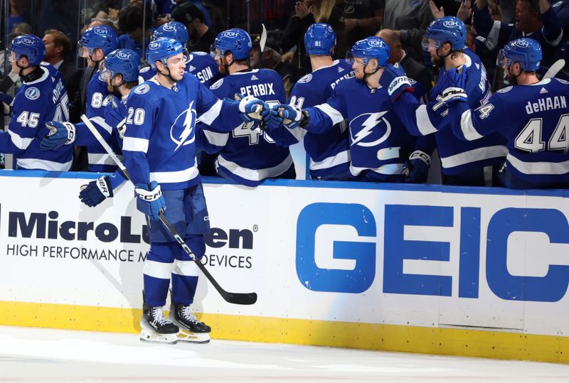 Nov 20, 2023; Tampa, Florida, USA; Tampa Bay Lightning left wing Nicholas Paul (20) is congratulated after he scored a goal against the Boston Bruins during the second period at Amalie Arena. Mandatory Credit: Kim Klement Neitzel-USA TODAY Sports