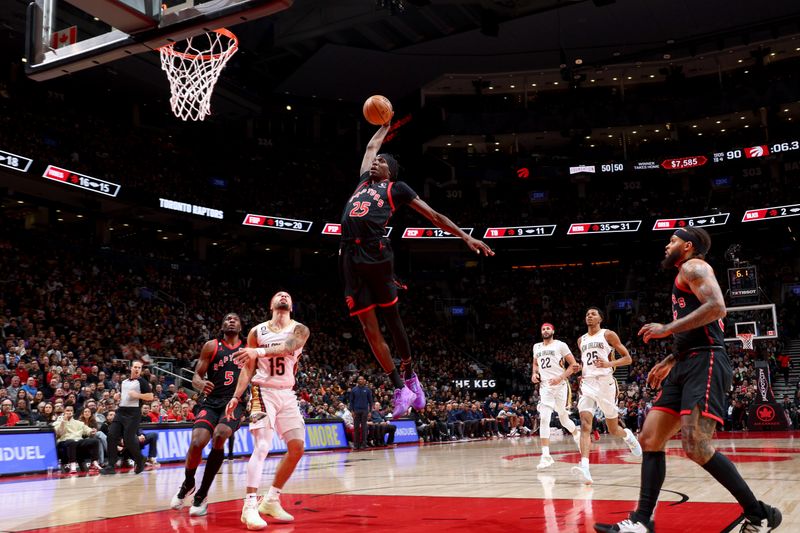 TORONTO, CANADA - FEBRUARY 23: Chris Boucher #25 of the Toronto Raptors dunks the ball against the New Orleans Pelicans on February 23, 2023 at the Scotiabank Arena in Toronto, Ontario, Canada.  NOTE TO USER: User expressly acknowledges and agrees that, by downloading and or using this Photograph, user is consenting to the terms and conditions of the Getty Images License Agreement.  Mandatory Copyright Notice: Copyright 2023 NBAE (Photo by Vaughn Ridley/NBAE via Getty Images)