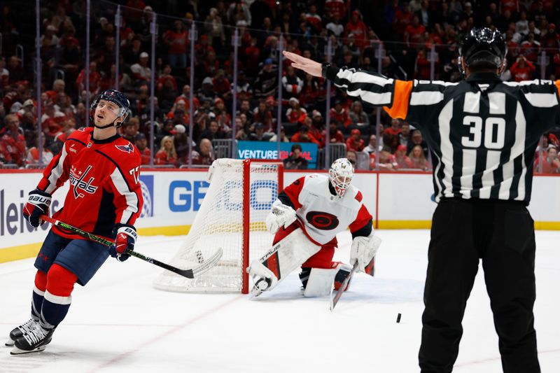 Dec 11, 2025; Washington, District of Columbia, USA; Washington Capitals left wing Anthony Beauvillier (72) reacts after missing a shootout attempt against Carolina Hurricanes goaltender Brandon Bussi (32) at Capital One Arena. Mandatory Credit: Geoff Burke-Imagn Images