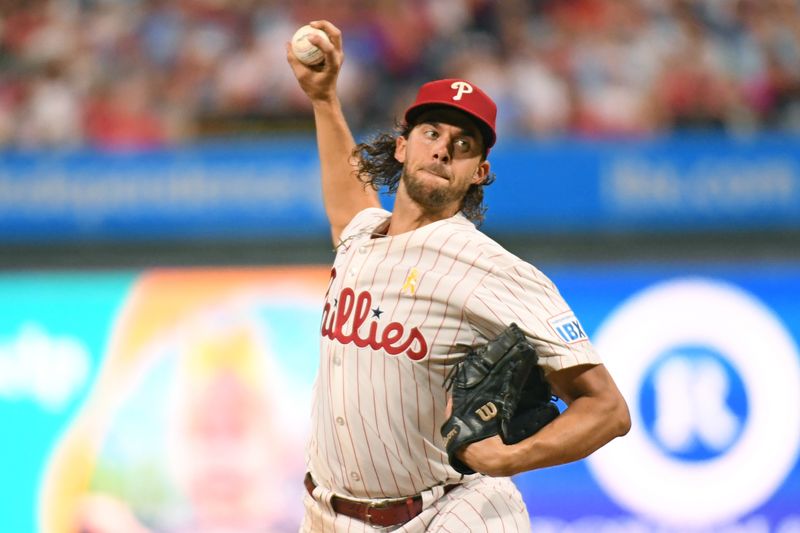 Sep 1, 2024; Philadelphia, Pennsylvania, USA; Philadelphia Phillies pitcher Aaron Nola (27) throws a pitch during the third inning against the Atlanta Braves at Citizens Bank Park. Mandatory Credit: Eric Hartline-USA TODAY Sports