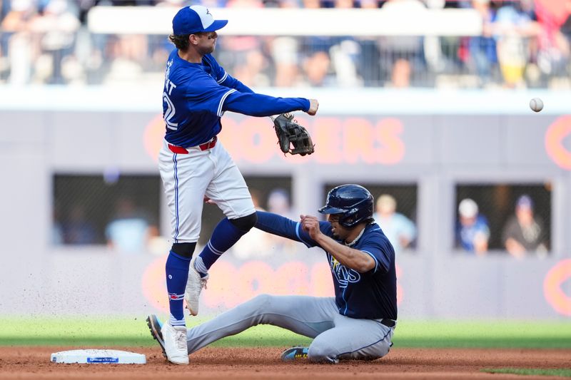 Sep 27, 2025; Toronto, Ontario, CAN; Toronto Blue Jays third base Ernie Clement (22) throws to first base against as Tampa Bay Rays outfielder Christopher Morel (24) during the sixth inning at Rogers Centre. Mandatory Credit: Kevin Sousa-Imagn Images