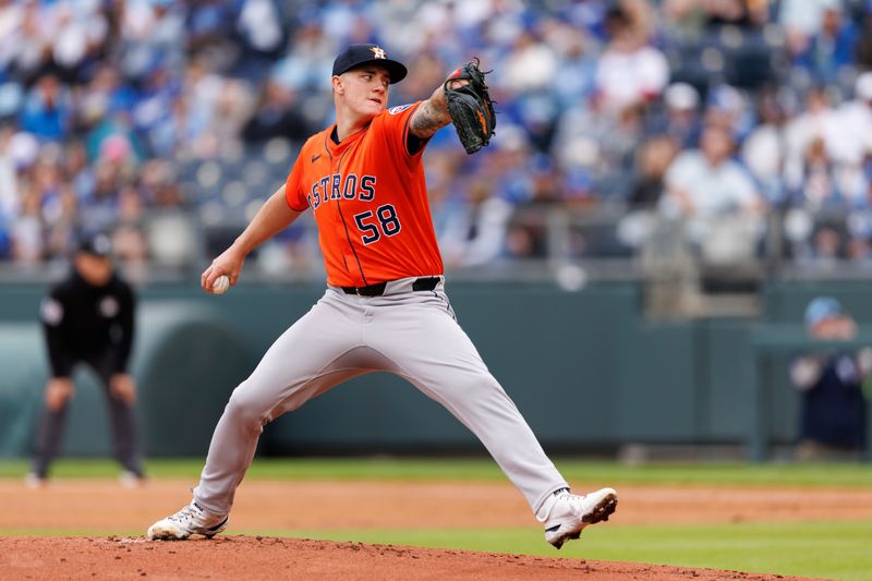 Apr 27, 2025; Kansas City, Missouri, USA; Houston Astros pitcher Hunter Brown (58) pitches during the first inning against the Kansas City Royals  at Kauffman Stadium. Mandatory Credit: William Purnell-Imagn Images