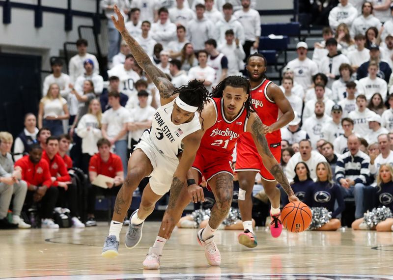 Jan 30, 2025; University Park, Pennsylvania, USA; Penn State Nittany Lions guard Nick Kern Jr (3) attempts to steal the ball away from Ohio State Buckeyes forward Devin Royal (21) during the first half at Rec Hall. Ohio State defeated Penn State 83-64. Mandatory Credit: Matthew O'Haren-Imagn Images