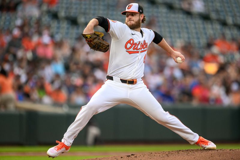 Jun 30, 2024; Baltimore, Maryland, USA; Baltimore Orioles pitcher Cole Irvin (19) throws a pitch during the second inning against the Texas Rangers at Oriole Park at Camden Yards. Mandatory Credit: Reggie Hildred-USA TODAY Sports