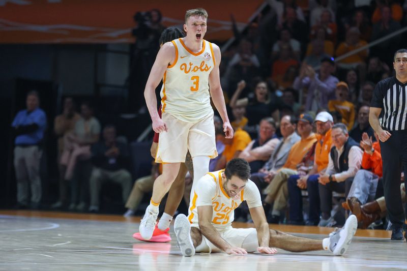 Jan 30, 2024; Knoxville, Tennessee, USA; Tennessee Volunteers guard Dalton Knecht (3) and guard Santiago Vescovi (25) react to a foul being called against the South Carolina Gamecocks during the second half at Thompson-Boling Arena at Food City Center. Mandatory Credit: Randy Sartin-USA TODAY Sports