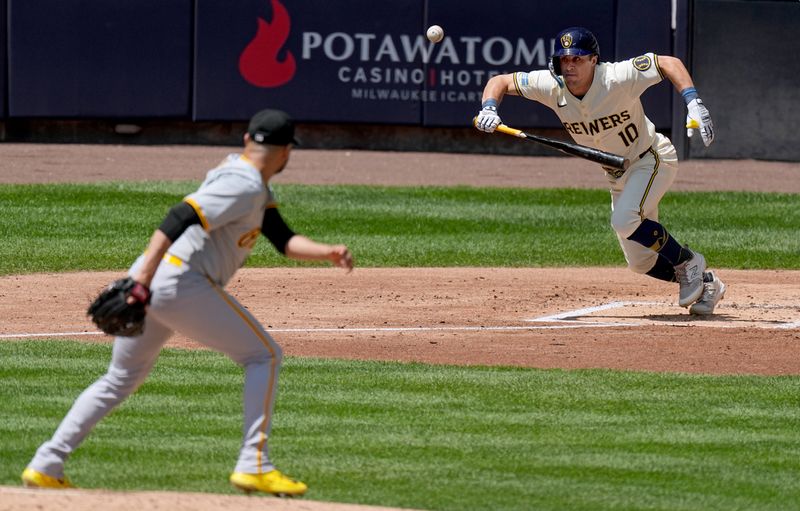 May 15, 2024; Milwaukee, Wisconsin, USA; Milwaukee Brewers outfielder Sal Frelick (10) advances to first on a bunt during the third inning of their game against the Pittsburgh Pirates at American Family Field. Mandatory Credit: Mark Hoffman-USA TODAY Sports