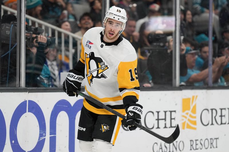 Nov 4, 2023; San Jose, California, USA; Pittsburgh Penguins right wing Reilly Smith (19) skates during a break in the first period against the San Jose Sharks at SAP Center at San Jose. Mandatory Credit: Darren Yamashita-USA TODAY Sports