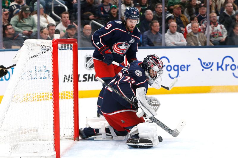 Jan 22, 2026; Columbus, Ohio, USA; Columbus Blue Jackets goalie Jet Greaves (73) makes a pad stop against the Dallas Stars during the first period at Nationwide Arena. Mandatory Credit: Russell LaBounty-Imagn Images
