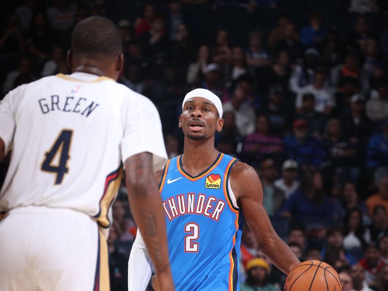 OKLAHOMA CITY, OK - NOVEMBER 13: SShai Gilgeous-Alexander #2 of the Oklahoma City Thunder dribbles the ball during the game against the New Orleans Pelicans on November 13, 2024 at Paycom Center in Oklahoma City, Oklahoma. NOTE TO USER: User expressly acknowledges and agrees that, by downloading and or using this photograph, User is consenting to the terms and conditions of the Getty Images License Agreement. Mandatory Copyright Notice: Copyright 2024 NBAE (Photo by Nathaniel S. Butler/NBAE via Getty Images)