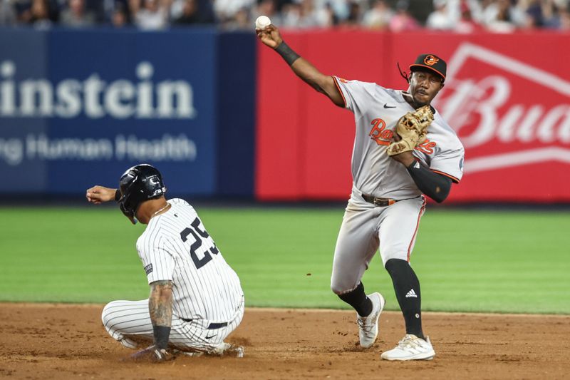 Jun 19, 2024; Bronx, New York, USA;  Baltimore Orioles second baseman Jorge Mateo (3) throws past New York Yankees second baseman Gleyber Torres (25) for an inning ending double play in the seventh inning at Yankee Stadium. Mandatory Credit: Wendell Cruz-USA TODAY Sports