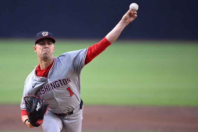 Jun 25, 2024; San Diego, California, USA; Washington Nationals starting pitcher MacKenzie Gore (1) pitches against the San Diego Padres during the first inning at Petco Park. Mandatory Credit: Orlando Ramirez-USA TODAY Sports