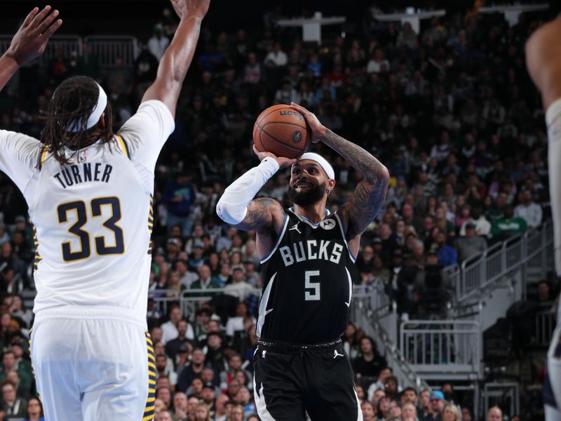 MILWAUKEE, WI - NOVEMBER 22:  Gary Trent Jr. #5 of the Milwaukee Bucks shoots a three point basket during the game against the Indiana Pacers during a Emirates NBA Cup on November 22, 2024 at Fiserv Forum Center in Milwaukee, Wisconsin. NOTE TO USER: User expressly acknowledges and agrees that, by downloading and or using this Photograph, user is consenting to the terms and conditions of the Getty Images License Agreement. Mandatory Copyright Notice: Copyright 2024 NBAE (Photo by Gary Dineen/NBAE via Getty Images).