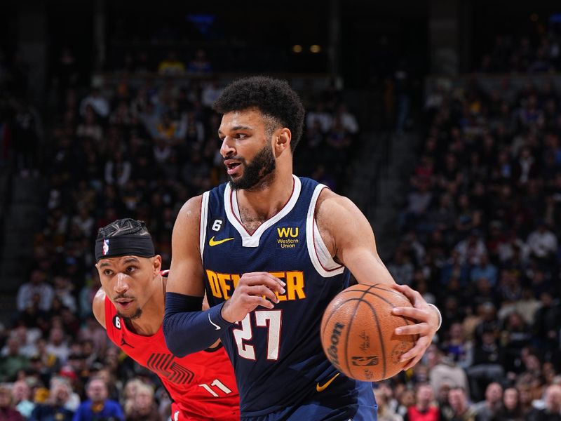 DENVER, CO - JANUARY 17: Jamal Murray #27 of the Denver Nuggets drives to the basket during the game against the Portland Trail Blazers on January 17, 2023 at the Ball Arena in Denver, Colorado. NOTE TO USER: User expressly acknowledges and agrees that, by downloading and/or using this Photograph, user is consenting to the terms and conditions of the Getty Images License Agreement. Mandatory Copyright Notice: Copyright 2023 NBAE (Photo by Garrett Ellwood/NBAE via Getty Images)