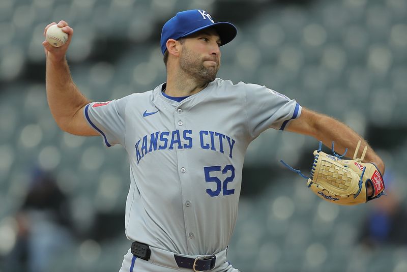 Apr 17, 2024; Chicago, Illinois, USA; Kansas City Royals starting pitcher Michael Wacha (52) throws the ball in the first inning during game two of a double header against the Chicago White Sox at Guaranteed Rate Field. Mandatory Credit: Melissa Tamez-USA TODAY Sports