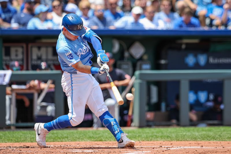 Jun 30, 2024; Kansas City, Missouri, USA; Kansas City Royals catcher Freddy Fermin (34) hits a double during the second inning against the Cleveland Guardians at Kauffman Stadium. Mandatory Credit: William Purnell-USA TODAY Sports