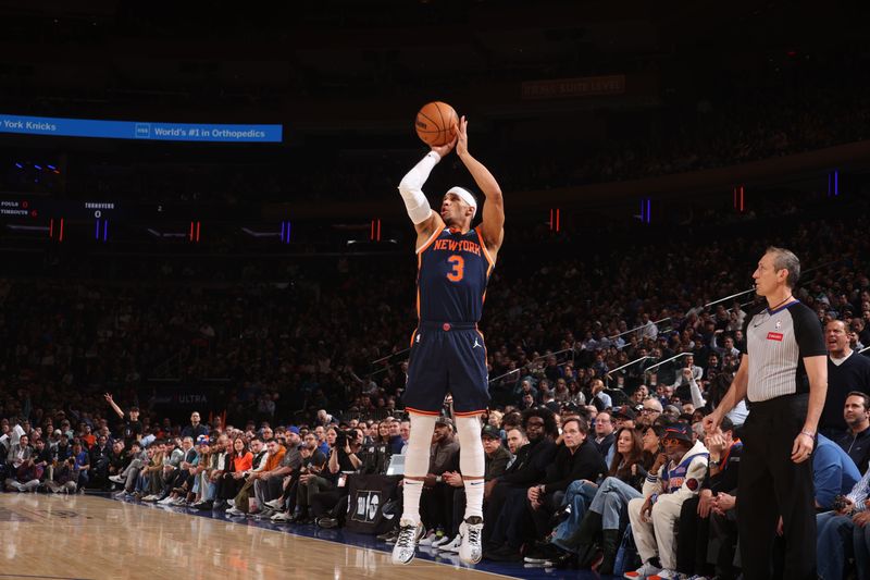 NEW YORK, NY - MARCH 12:  Josh Hart #3 of the New York Knicks shoots the ball during the game against the Philadelphia 76ers on March 12, 2024 at Madison Square Garden in New York City, New York.  NOTE TO USER: User expressly acknowledges and agrees that, by downloading and or using this photograph, User is consenting to the terms and conditions of the Getty Images License Agreement. Mandatory Copyright Notice: Copyright 2024 NBAE  (Photo by Nathaniel S. Butler/NBAE via Getty Images)