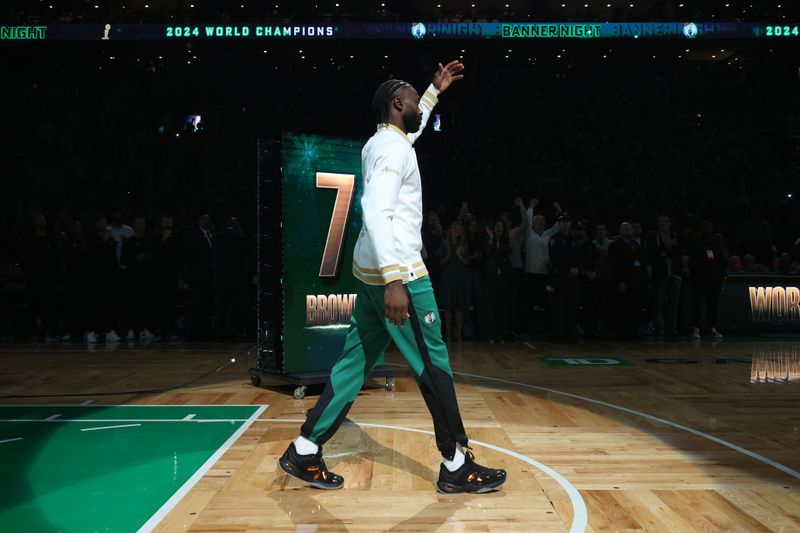 BOSTON, MA - OCTOBER 22: Jaylen Brown #7 of the Boston Celtics receives his 2024 Championship ring before the game against the New York Knicks on October 22, 2024 at TD Garden in Boston, Massachusetts. NOTE TO USER: User expressly acknowledges and agrees that, by downloading and or using this Photograph, user is consenting to the terms and conditions of the Getty Images License Agreement. Mandatory Copyright Notice: Copyright 2024 NBAE (Photo by Nathaniel S. Butler/NBAE via Getty Images)