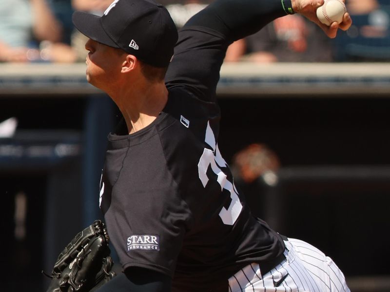 Mar 11, 2024; Tampa, Florida, USA; New York Yankees relief pitcher Clay Holmes (35) throws a pitch during the fourth inning against the Baltimore Orioles at George M. Steinbrenner Field. Mandatory Credit: Kim Klement Neitzel-USA TODAY Sports