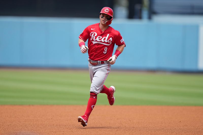 Jul 30, 2023; Los Angeles, California, USA; Cincinnati Reds shortstop Matt McLain (9) rounds the bases after hitting a home run in the third inning against the Los Angeles Dodgers at Dodger Stadium. Mandatory Credit: Kirby Lee-USA TODAY Sports