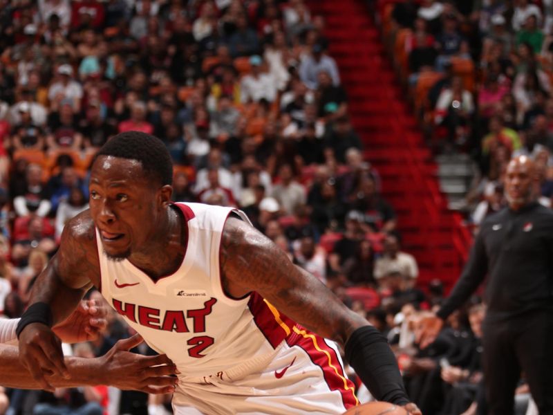 MIAMI, FL - MARCH 29: Terry Rozier #2 of the Miami Heat drives to the basket during the game against the Portland Trail Blazers on March 29, 2024 at Kaseya Center in Miami, Florida. NOTE TO USER: User expressly acknowledges and agrees that, by downloading and or using this Photograph, user is consenting to the terms and conditions of the Getty Images License Agreement. Mandatory Copyright Notice: Copyright 2024 NBAE (Photo by Issac Baldizon/NBAE via Getty Images)